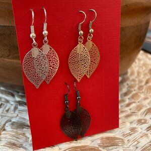 Pretty Drop Earrings, Filigree Style Leaf Drop Earrings Silver, Gold, and Black